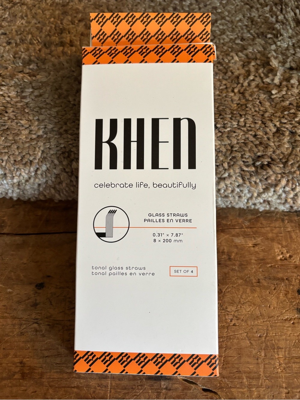 KHEN Glass Straws - White & Orange Accent Packaging
